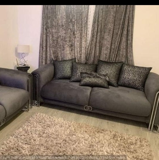 Elmira 3 Seater 1 Seater Steel Grey Velvet and Chrome Finish