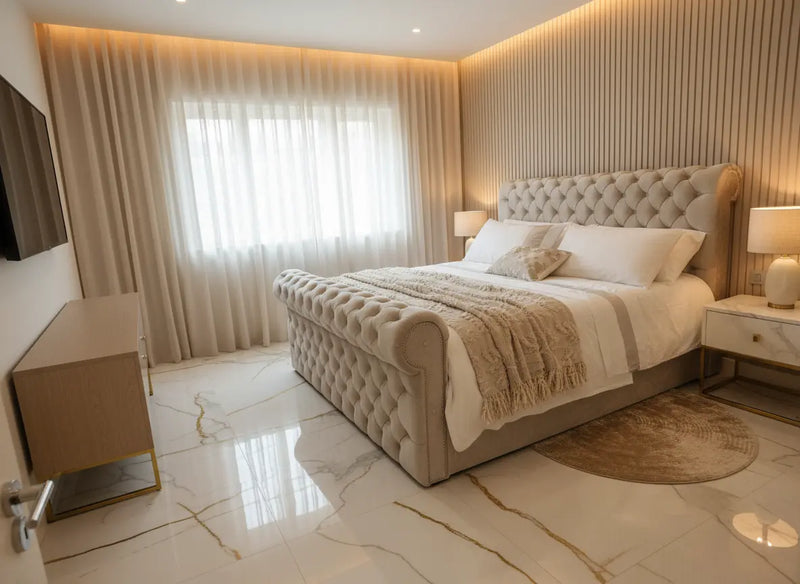 Dicaprio Plush Velvet Sleigh Bed – Bespoke Handcrafted Chesterfield Bedframe (Made in the UK)