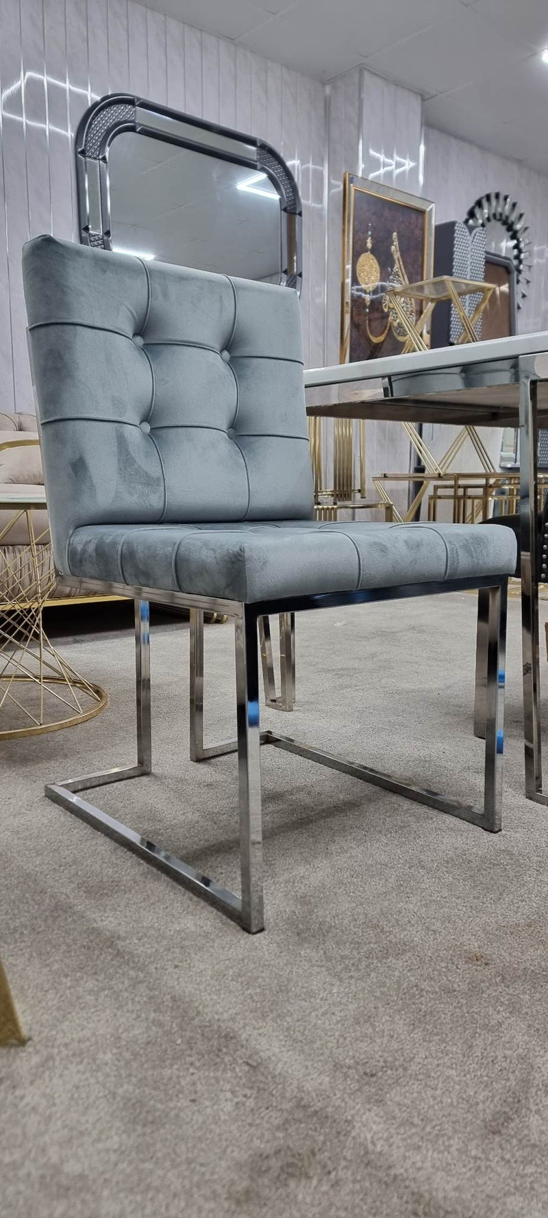 Atlanta Grey & Chrome Metal Plating Velvet Dining Chair REDUCED -