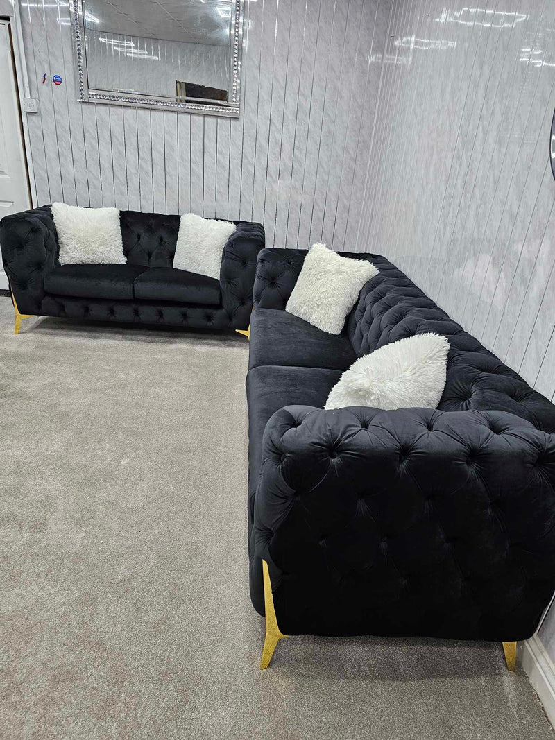 Hermes 3+2 Chesterfield Plush Velvet Sofa Black & Gold