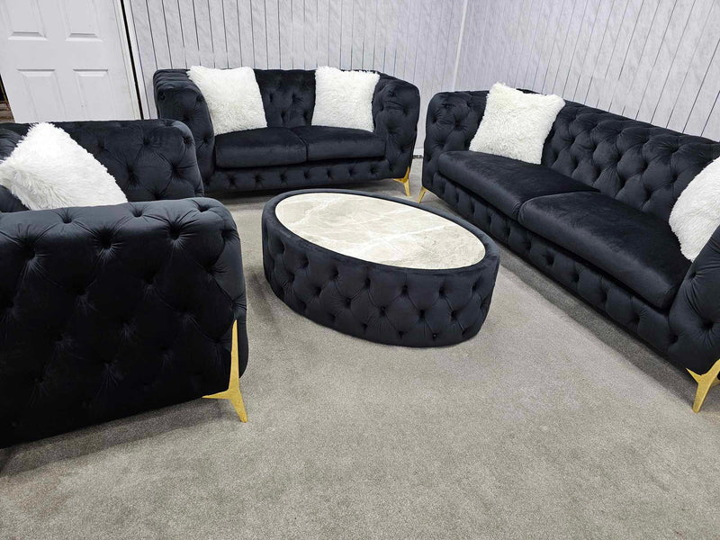 Hermes 3+2 Chesterfield Plush Velvet Sofa Black & Gold