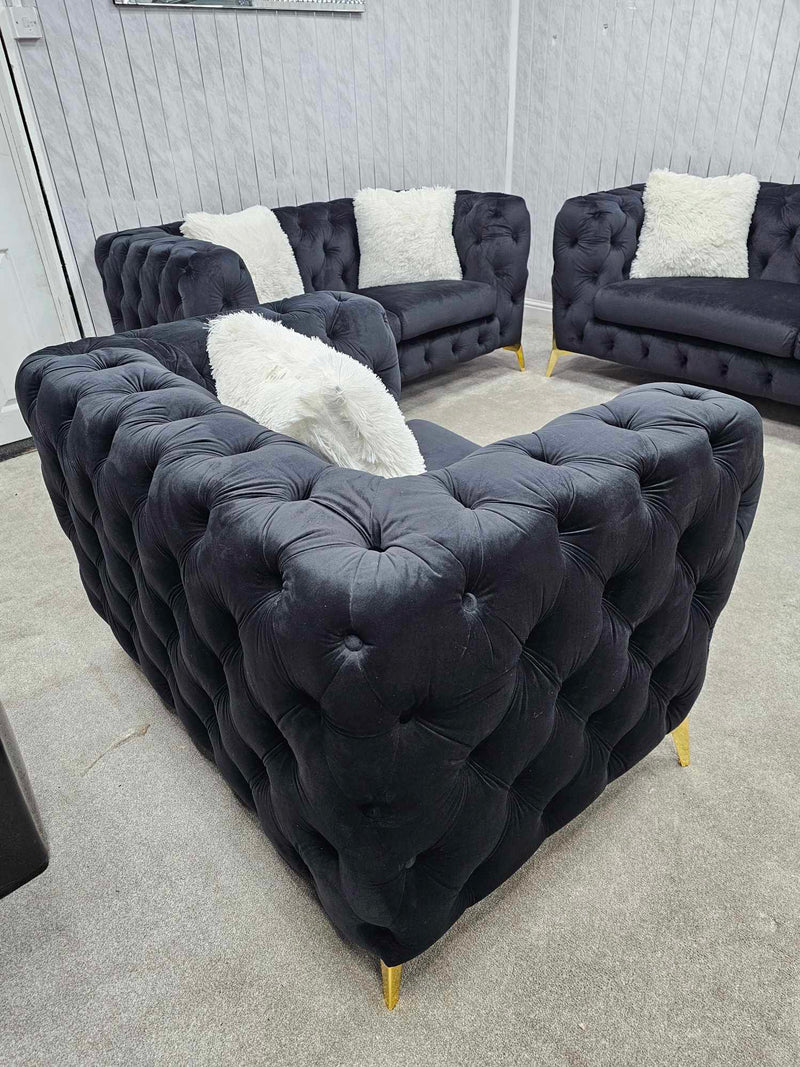 Hermes 3+2 Chesterfield Plush Velvet Sofa Black & Gold