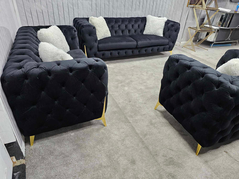 Hermes 3+2 Chesterfield Plush Velvet Sofa Black & Gold