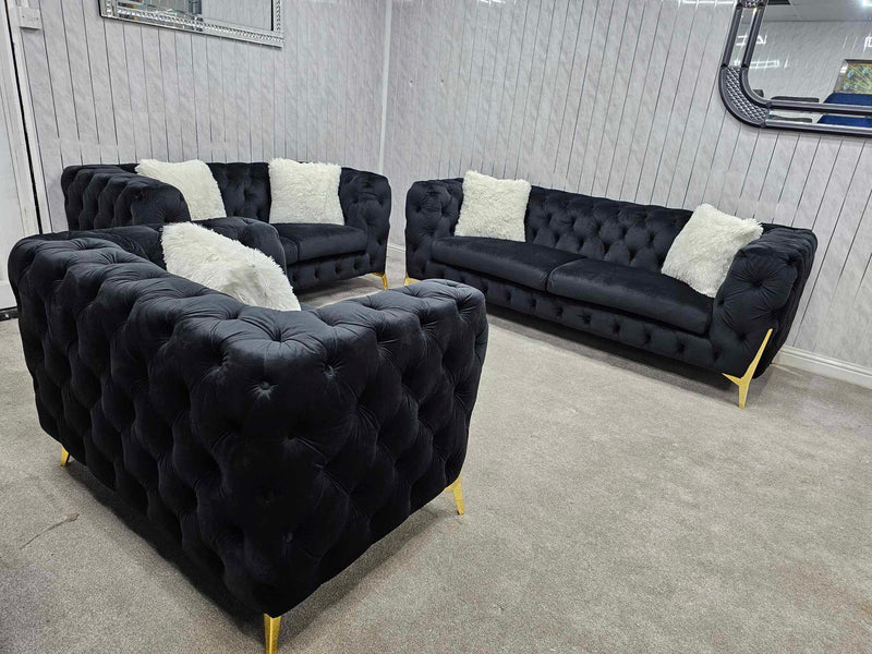 Hermes 3+2 Chesterfield Plush Velvet Sofa Black & Gold