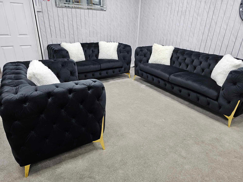 Hermes 3+2 Chesterfield Plush Velvet Sofa Black & Gold