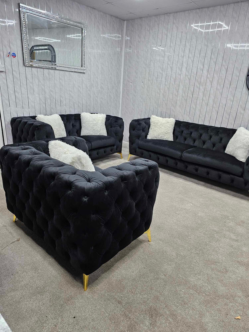 Hermes 3+2 Chesterfield Plush Velvet Sofa Black & Gold