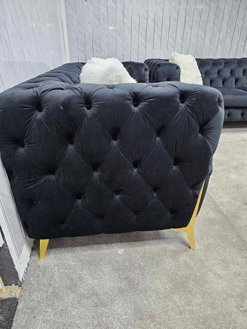 Hermes 3+2 Chesterfield Plush Velvet Sofa Black & Gold