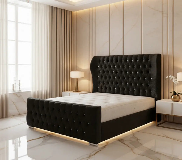 Oxford Curved Wingback Crushed Velvet Bed Frame – Bespoke Handmade Design