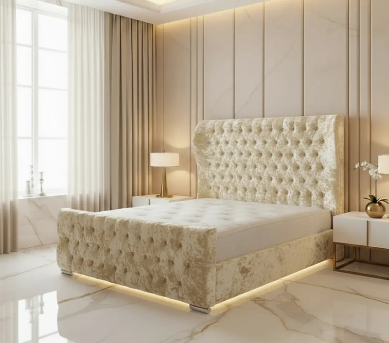 Oxford Curved Wingback Crushed Velvet Bed Frame – Bespoke Handmade Design