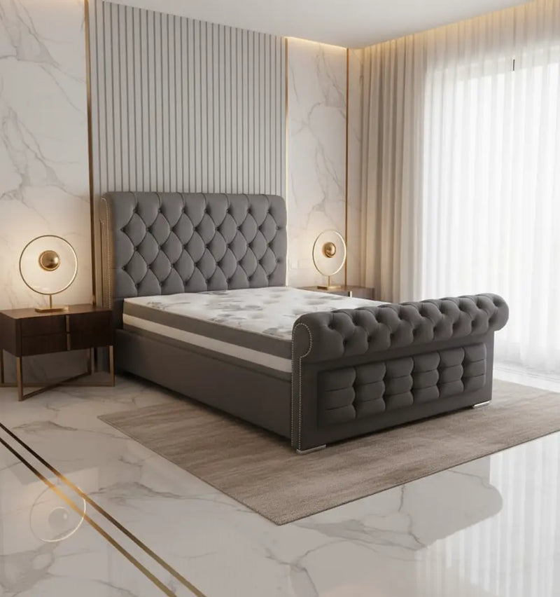 Sleigh Cubed Chesterfield Plush Velvet Bed Frame – Bespoke Handcrafted Bed (Made in the UK)