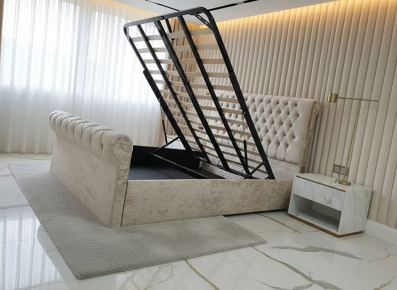 Sleigh Ottoman Gas lift Chesterfield Crushed Velvet Storage Bed – Bespoke Handmade Design