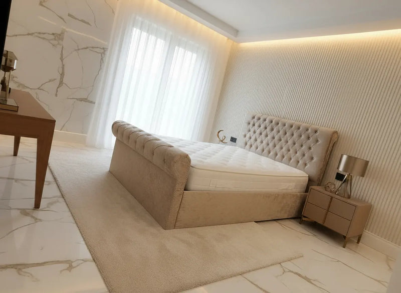 Sleigh Ottoman Gas lift Chesterfield Crushed Velvet Storage Bed – Bespoke Handmade Design