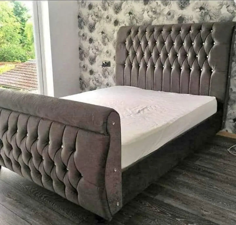 Swan Curved Sleigh Chesterfield Crushed Velvet Bed Frame – Bespoke Handcrafted Bed (Made in the UK)