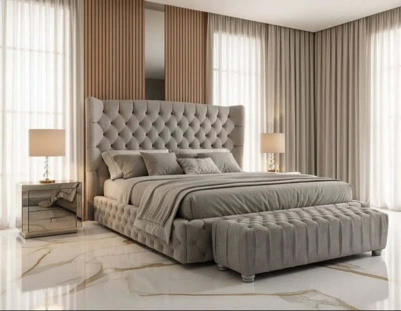 Sultan Wingback Curved Footboard Chesterfield Plush Velvet Bed Frame – Bespoke Handmade Design