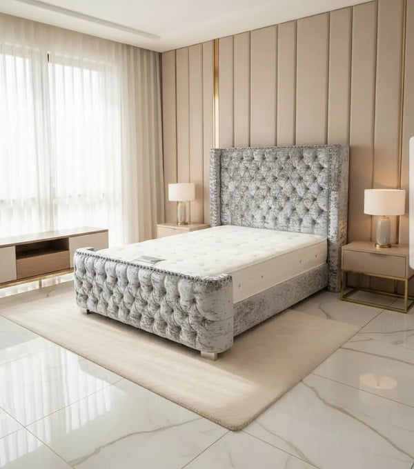 Aries Crushed Velvet Wingback Bed – Bespoke Handcrafted Bedstead (Made in the UK)