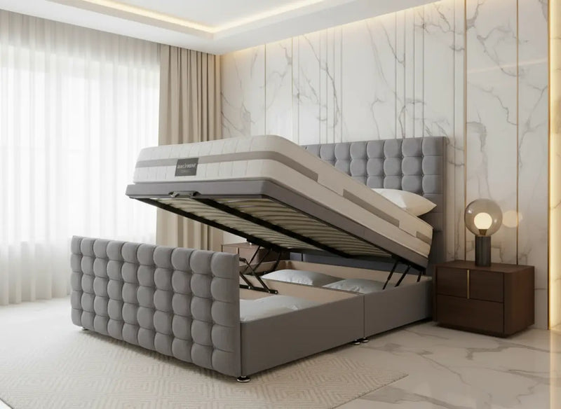 Cubed Style Ottoman Gas lift Bed – Velvet with 54" Tall Headboard