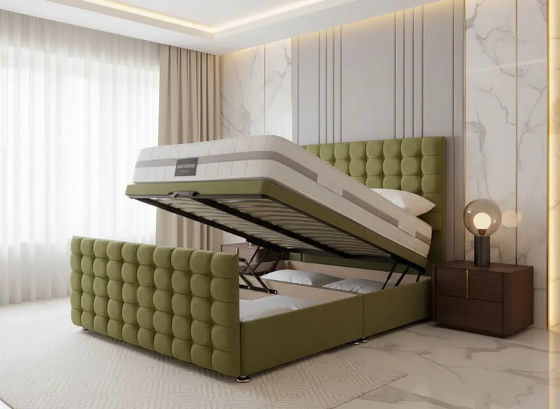 Cubed Style Ottoman Gas lift Bed – Velvet with 54" Tall Headboard