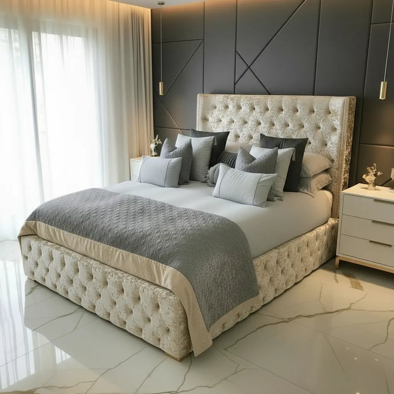 Luxe Curved Wingback Crushed Velvet Bed Frame – Bespoke Handmade Design