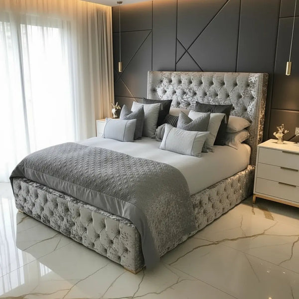 Luxe Curved Wingback Crushed Velvet Bed Frame – Bespoke Handmade Design