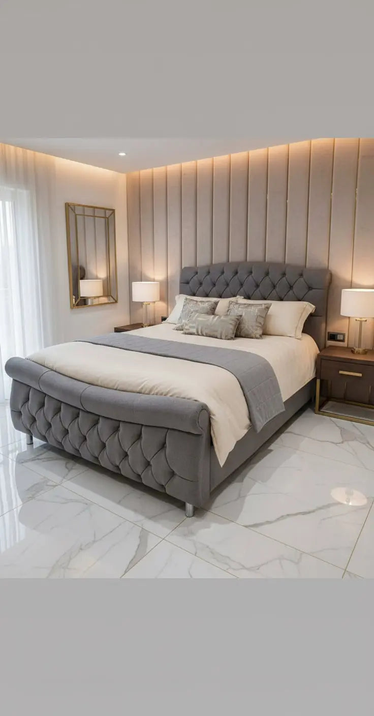 Devina Sleigh Plush Velvet Bed – Bespoke Curved Chesterfield Bedframe (Handcrafted in the UK)