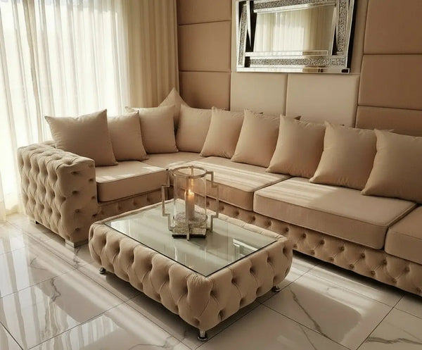 Square Chesterfield Upholstered Footstool/Coffee Table With Glass