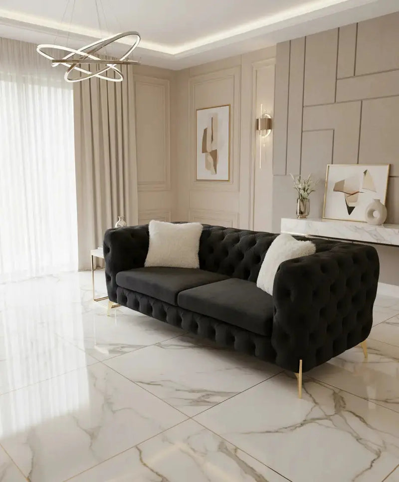 Hermes 2 Seater Chesterfield Plush Velvet Sofa Black & Gold