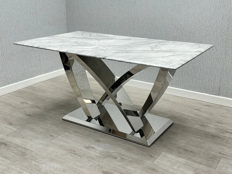 California Grey Marble Dining Table – 160cm & 180cm, Chrome/Silver Frame