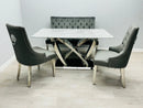California Grey Marble Dining Table + Majestic Grey Velvet Dining Chairs – Modern Luxury Dining Set