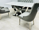 California Grey Marble Dining Table + Majestic Grey Velvet Dining Chairs – Modern Luxury Dining Set