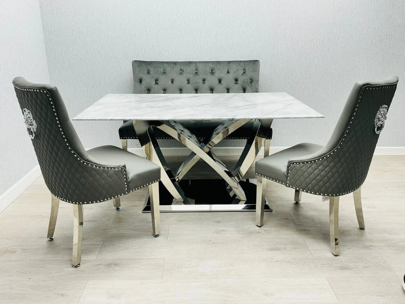California Grey Marble Dining Table + Majestic Grey Velvet Dining Chairs – Modern Luxury Dining Set