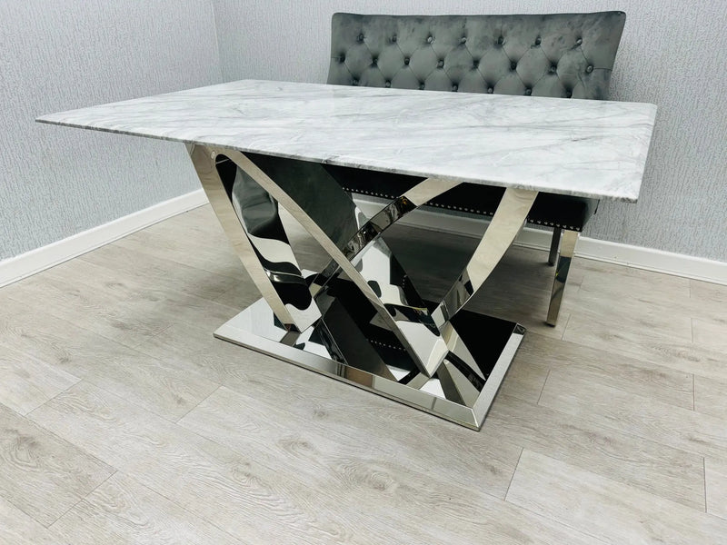 California Grey Marble Dining Table + Majestic Grey Velvet Dining Chairs – Modern Luxury Dining Set