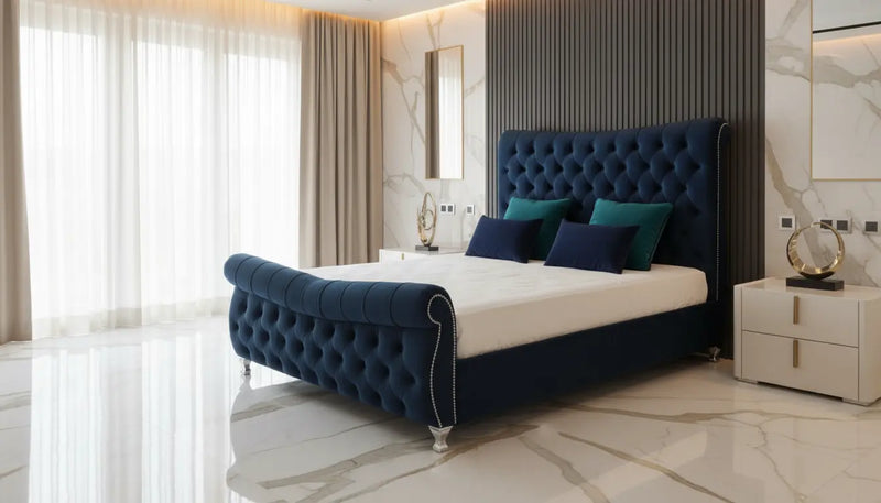 Devina Sleigh Plush Velvet Bed – Bespoke Curved Chesterfield Bedframe (Handcrafted in the UK)