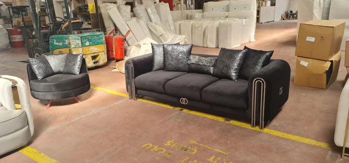 Elmira 3 Seater 1 Seater Steel Grey Velvet and Chrome Finish