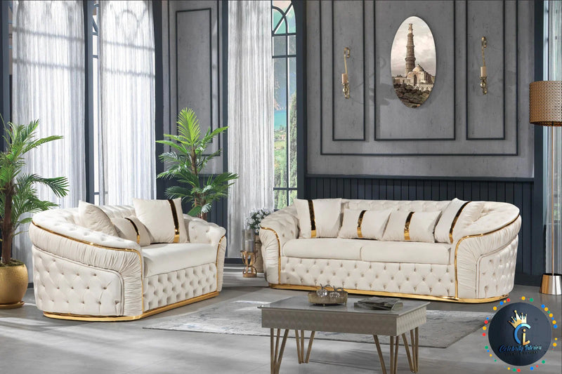 Ambassador 3 Seater In Cream 01 & Gold Plush Velvet