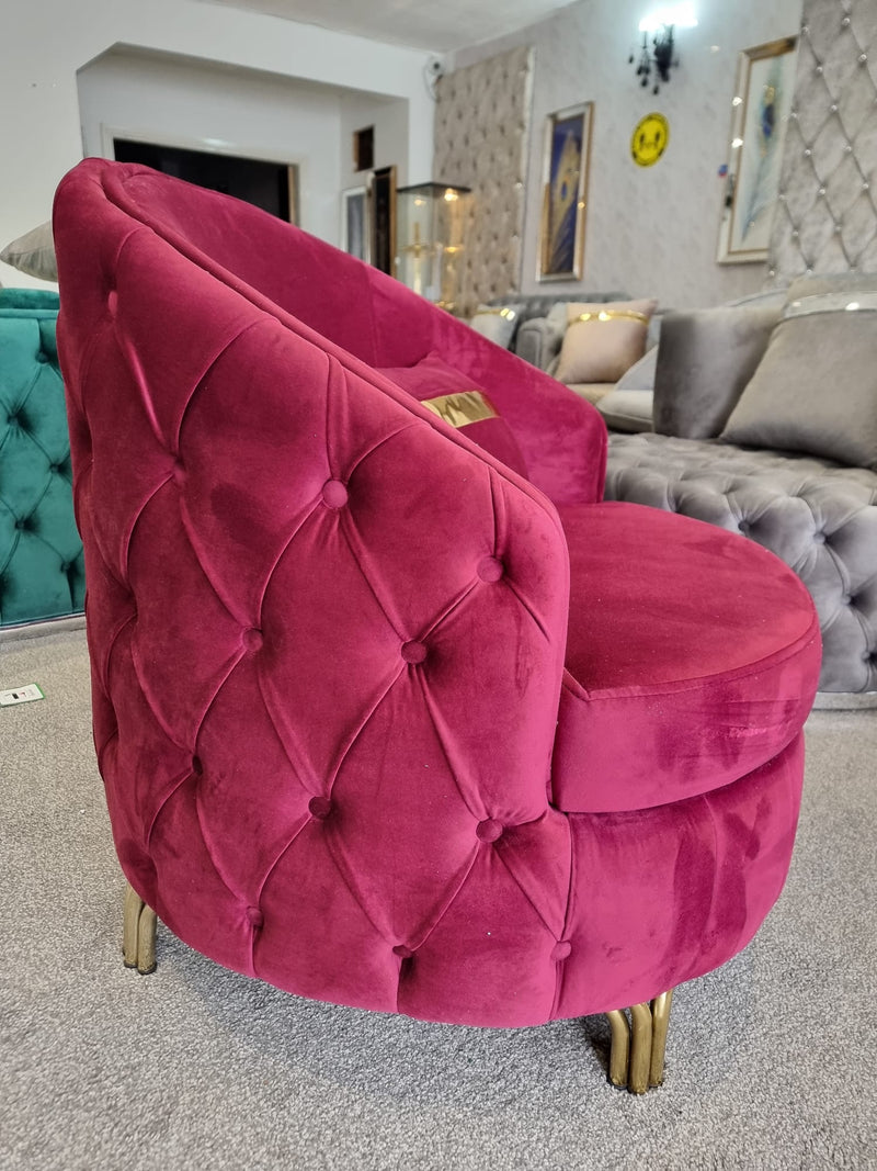 Khalifa Tufted Berjer Chair - Red Velvet & Gold