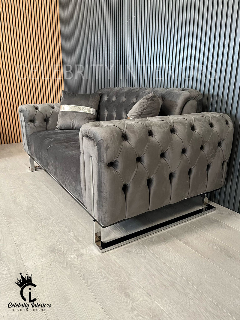 Scarlet 2 Seater Grey Velvet & Chrome Detailing - SALE