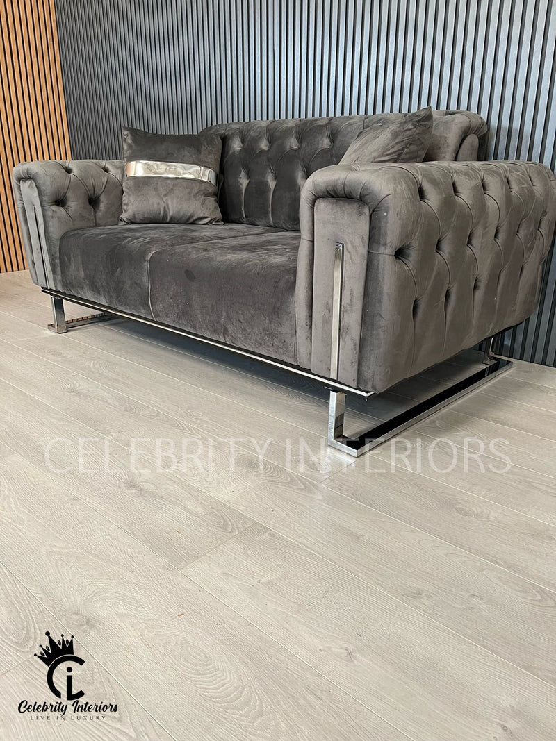 Scarlet 2 Seater Grey Velvet & Chrome Detailing - SALE