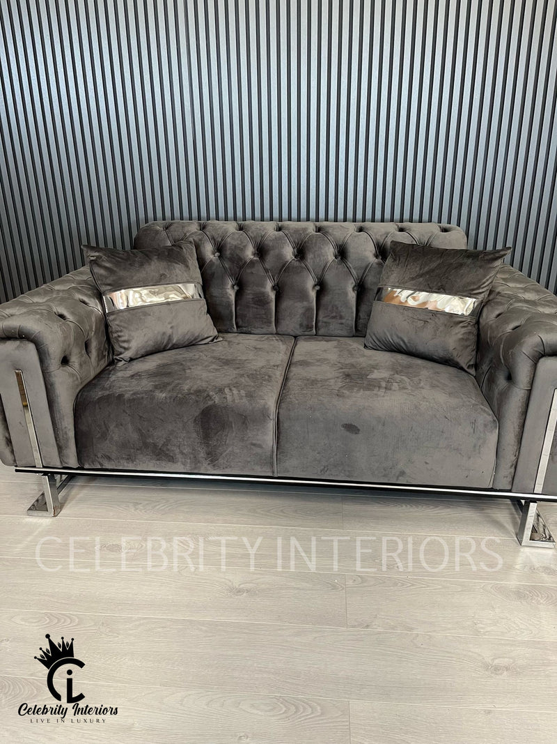 Scarlet 2 Seater Grey Velvet & Chrome Detailing - SALE