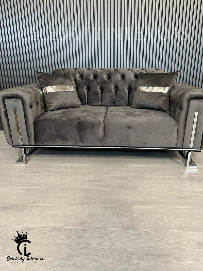 Scarlet 2 Seater Grey Velvet & Chrome Detailing - SALE