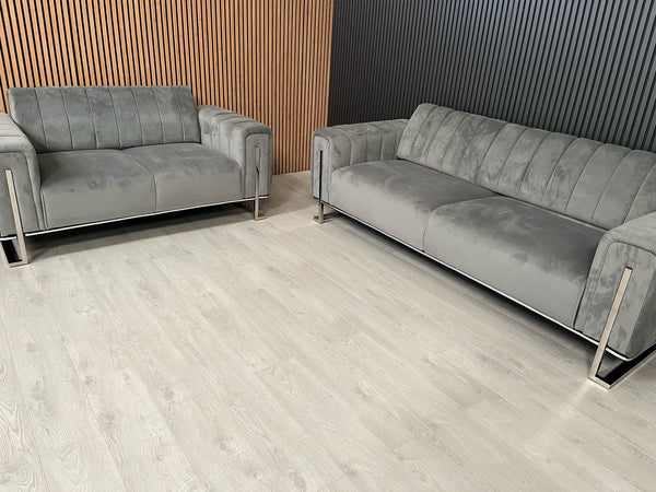 Genova 2 & 2 Seater Grey Velvet and Chrome Accent