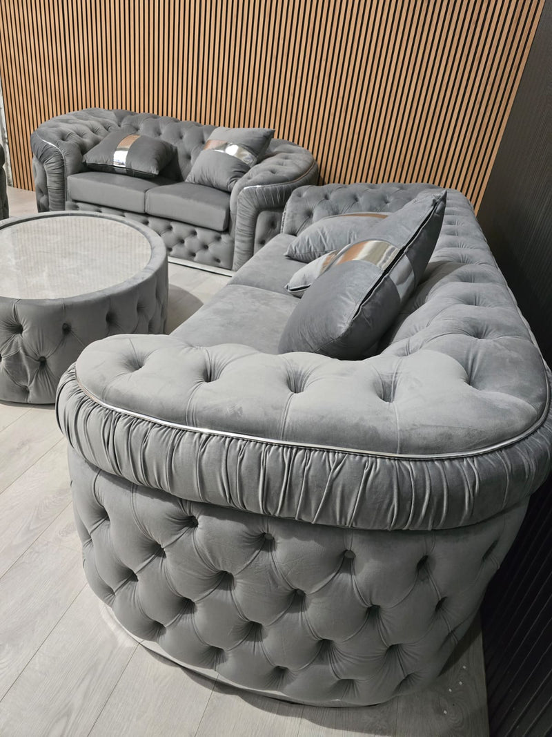 Ambassador 2 Seater 1 seater and footstool set  In Grey Chrome Plush Velvet