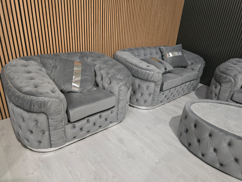 Ambassador 2 Seater 1 seater and footstool set  In Grey Chrome Plush Velvet