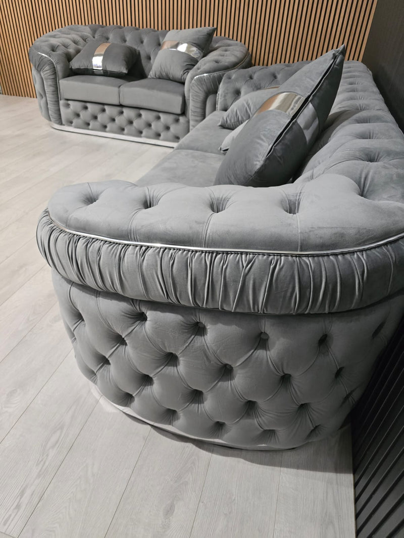 Ambassador 2 Seater 1 seater and footstool set  In Grey Chrome Plush Velvet