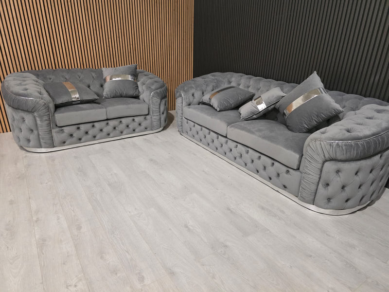 Ambassador 2 Seater 1 seater and footstool set  In Grey Chrome Plush Velvet