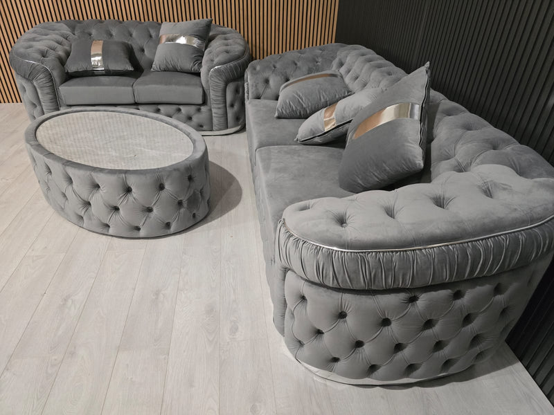 Ambassador 2 Seater 1 seater and footstool set  In Grey Chrome Plush Velvet