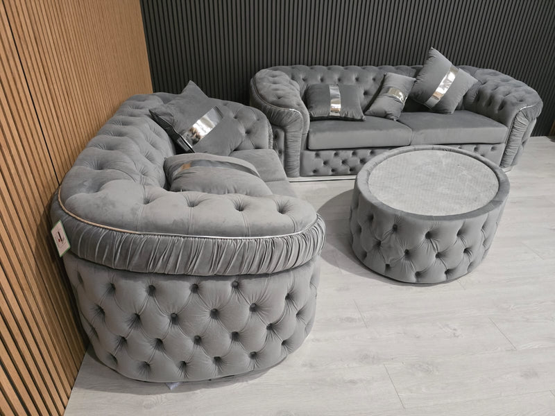 Ambassador 2 Seater 1 seater and footstool set  In Grey Chrome Plush Velvet