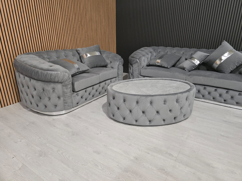 Ambassador 2 Seater 1 seater and footstool set  In Grey Chrome Plush Velvet