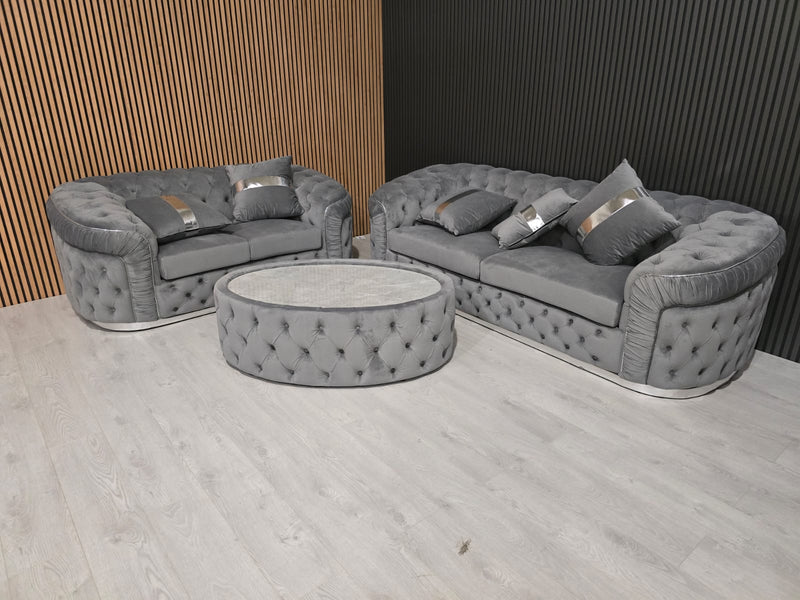 Ambassador 2 Seater 1 seater and footstool set  In Grey Chrome Plush Velvet