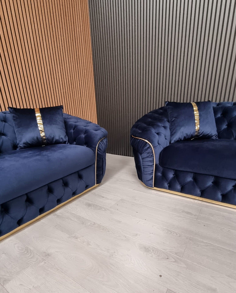 Ambassador 3+3 Seater Sofas Dark Navy Velvet Gold Detailing