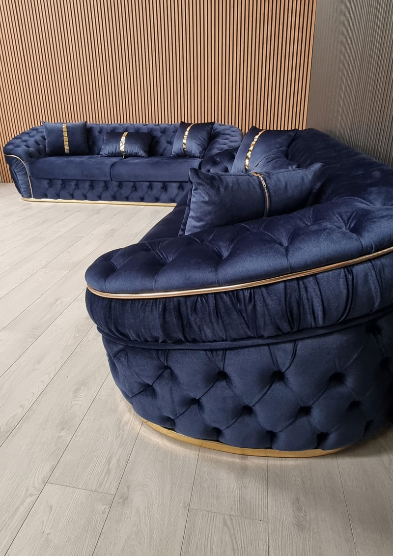 Ambassador 3+3 Seater Sofas Dark Navy Velvet Gold Detailing